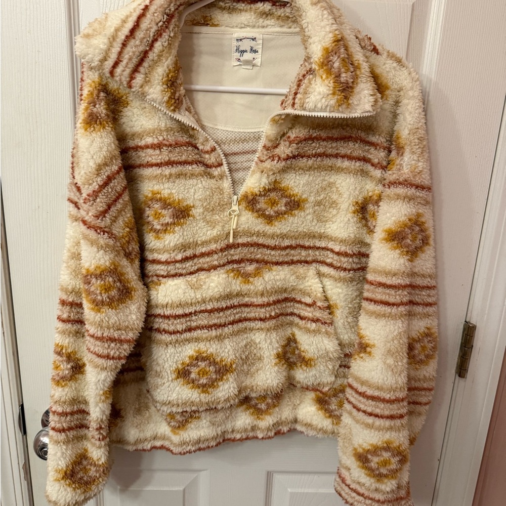Hippie Rose Cream and Brown Teddy Jacket with Geometric Design